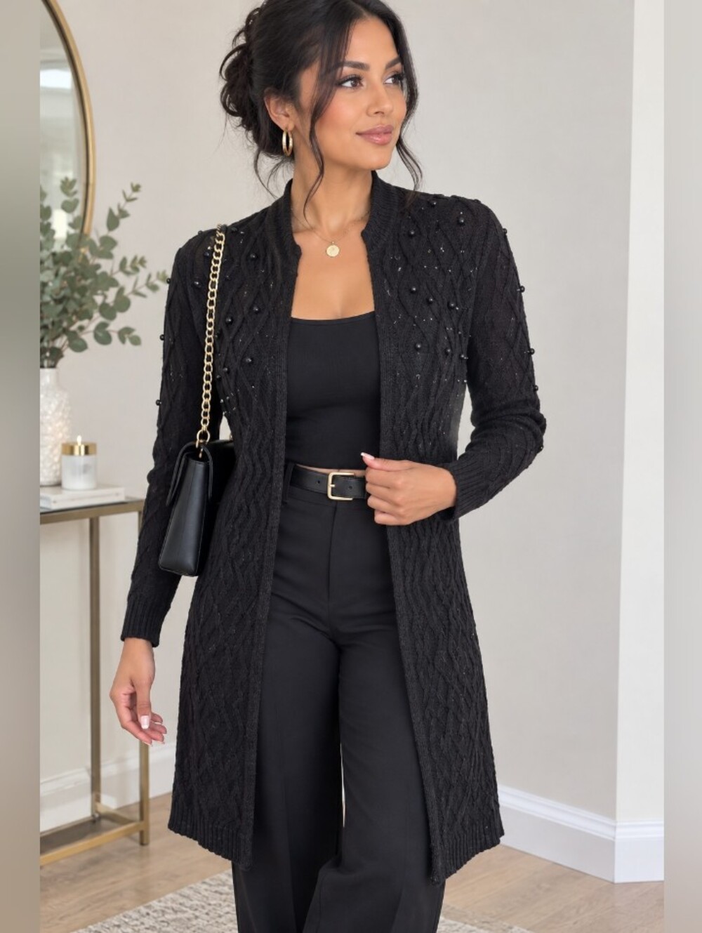 Small Long Black Cable-Knit Open Cardigan Sweater